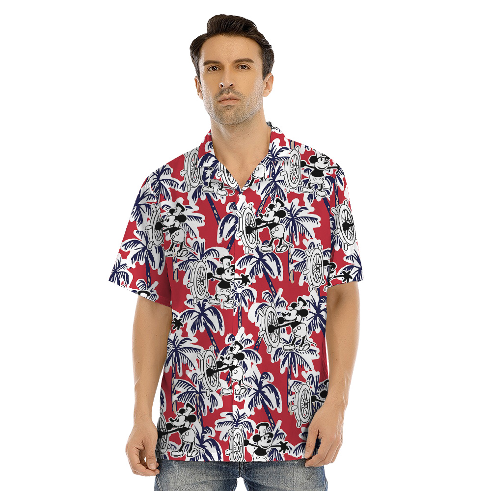 Funny Mickey Steamboat Willie Tropical Palm Tree Red Matching Family Hawaiian Outfits