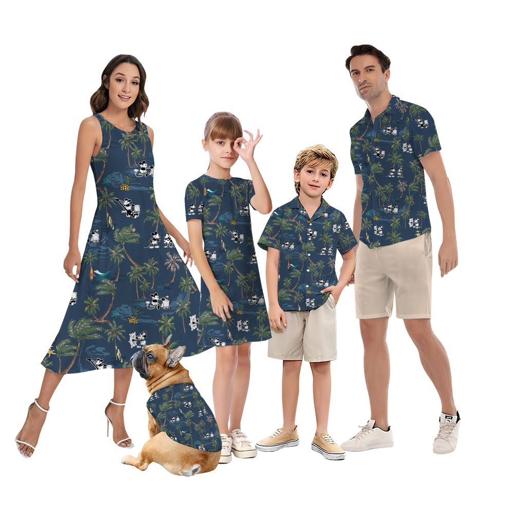 Tropical Palm Tree Steamboat Willie Mickey Navy Family Matching Hawaiian Outfits - variant image 1