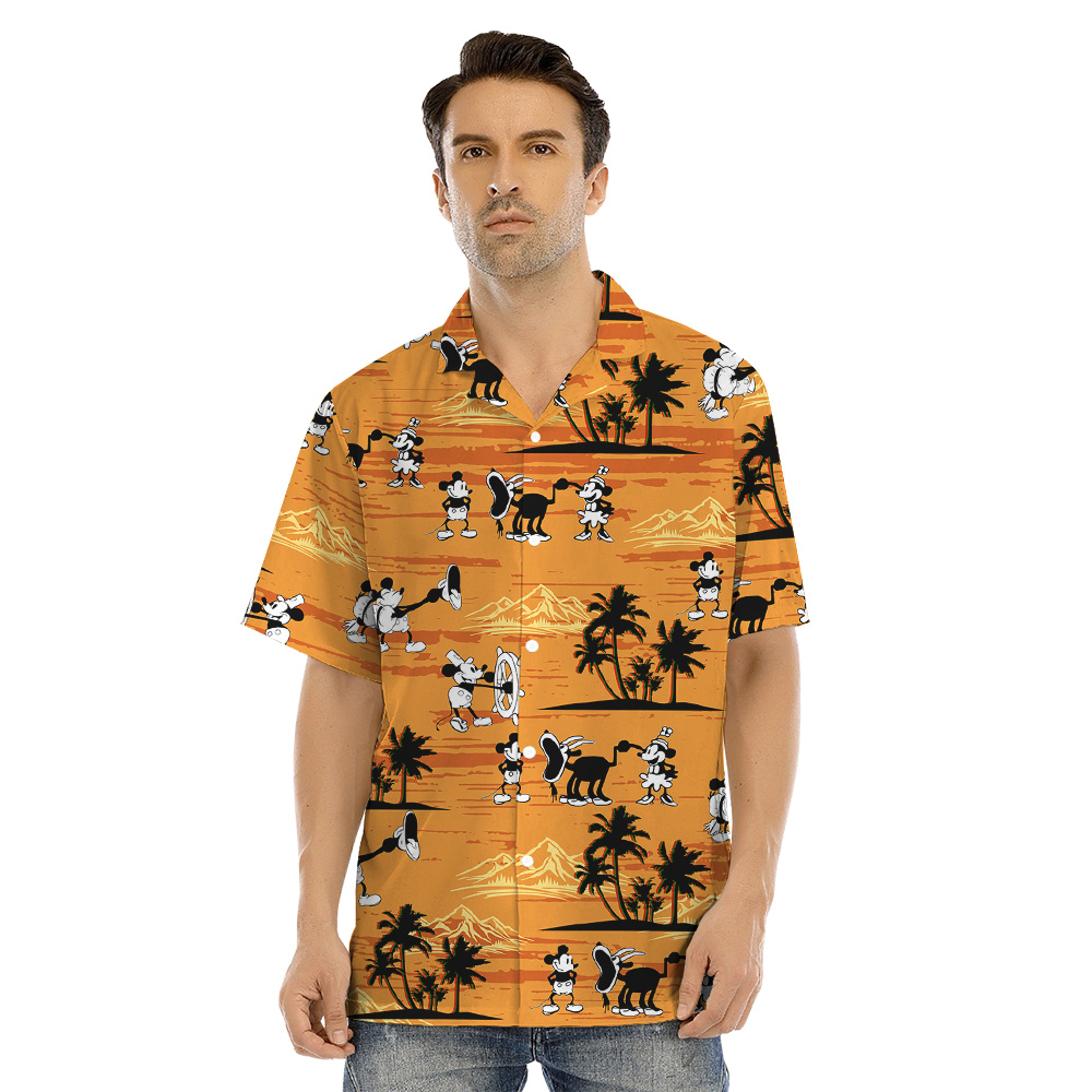 Tropical Sunset Steamboat Willie Mickey Yellow Matching Hawaiian Outfits For Family