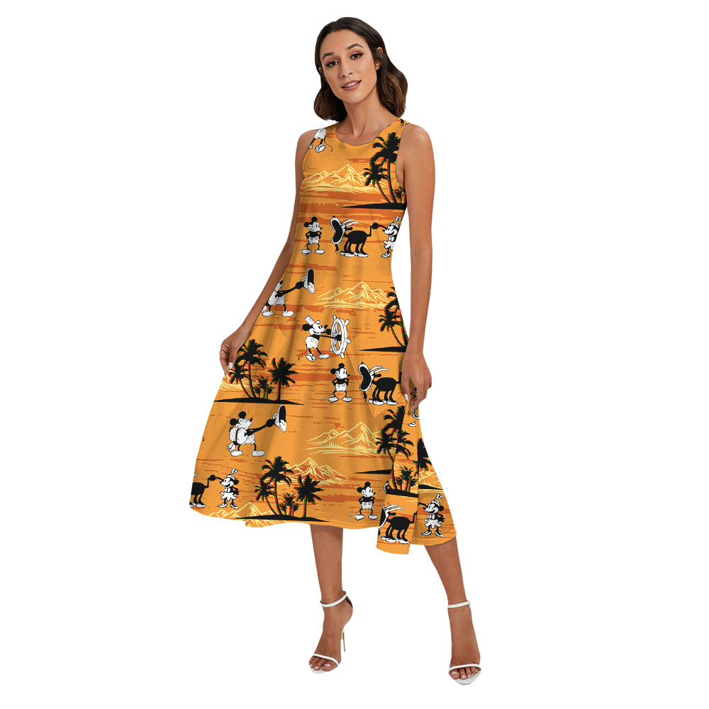 Tropical Sunset Steamboat Willie Mickey Yellow Matching Hawaiian Outfits For Family