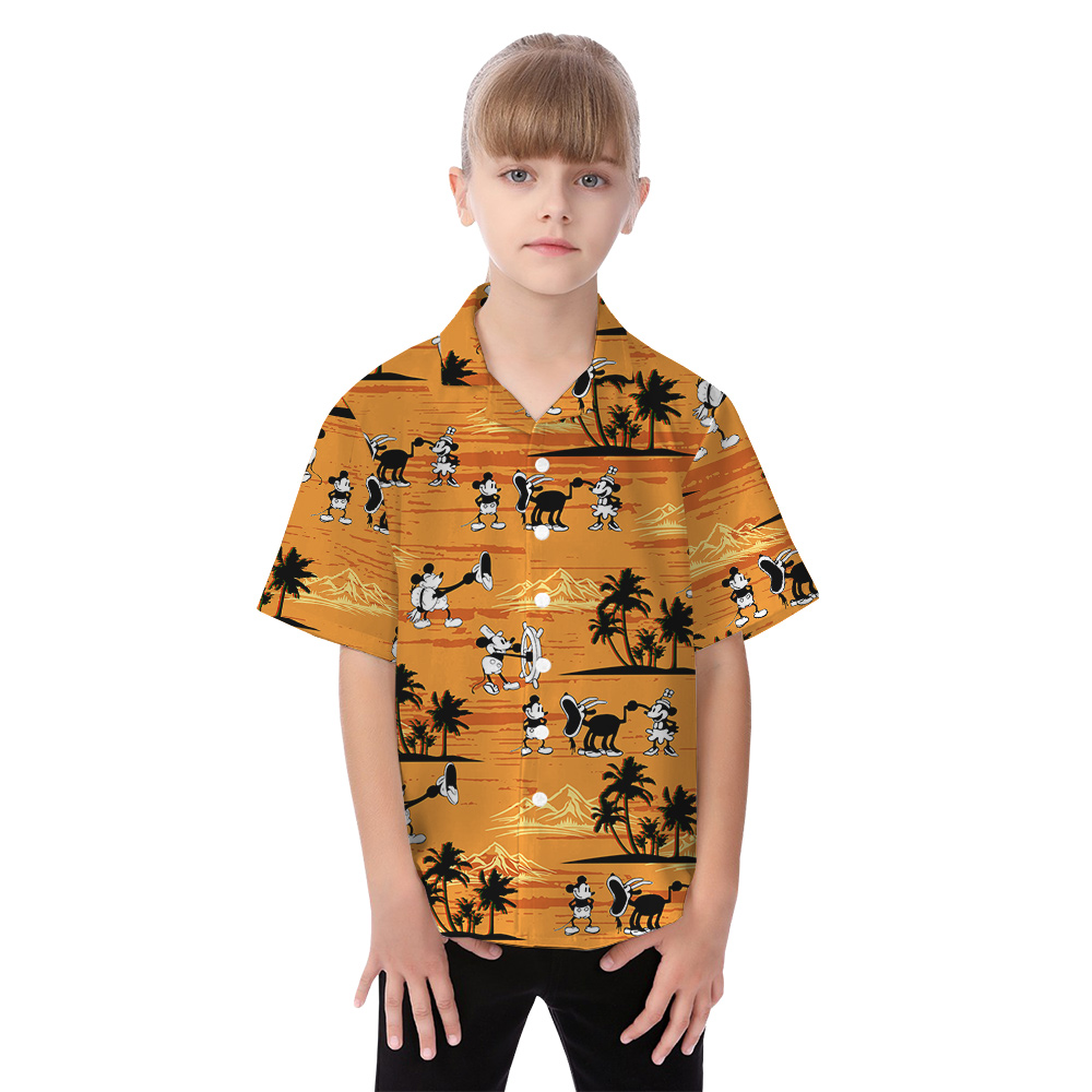 Tropical Sunset Steamboat Willie Mickey Yellow Matching Hawaiian Outfits For Family