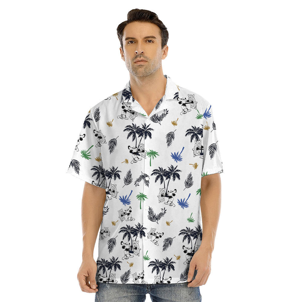 Tropical Palm Tree Steamboat Willie Mickey White Matching Hawaiian Outfits For Family