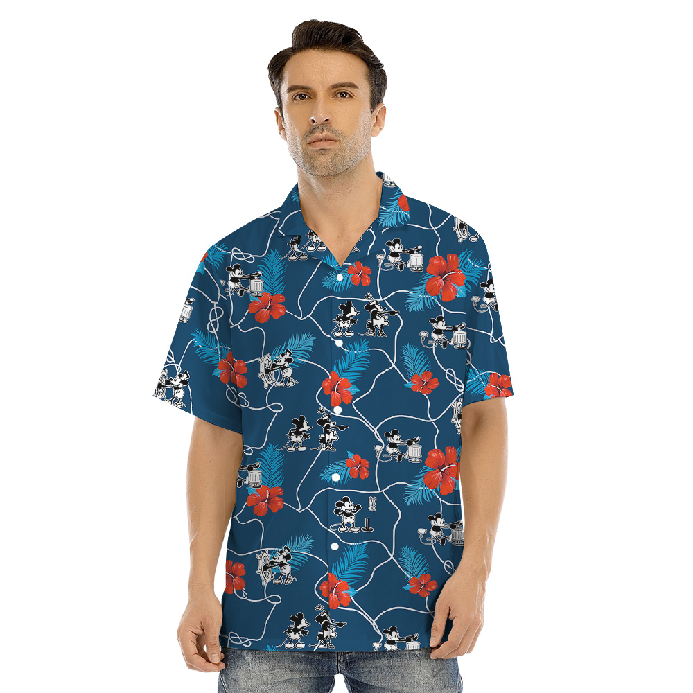 Blue Hibiscus Steamboat Willie Mickey Family Matching Hawaiian Outfits
