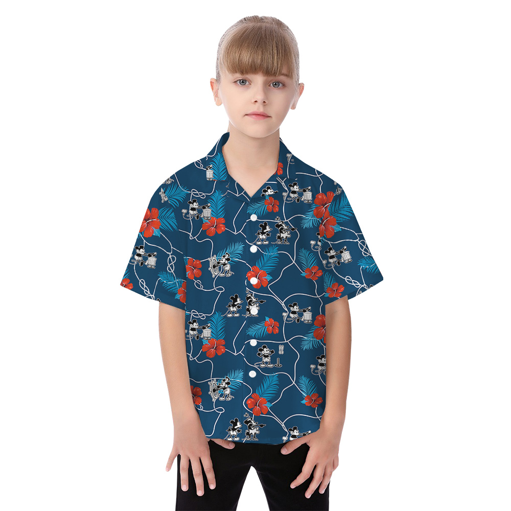 Blue Hibiscus Steamboat Willie Mickey Family Matching Hawaiian Outfits