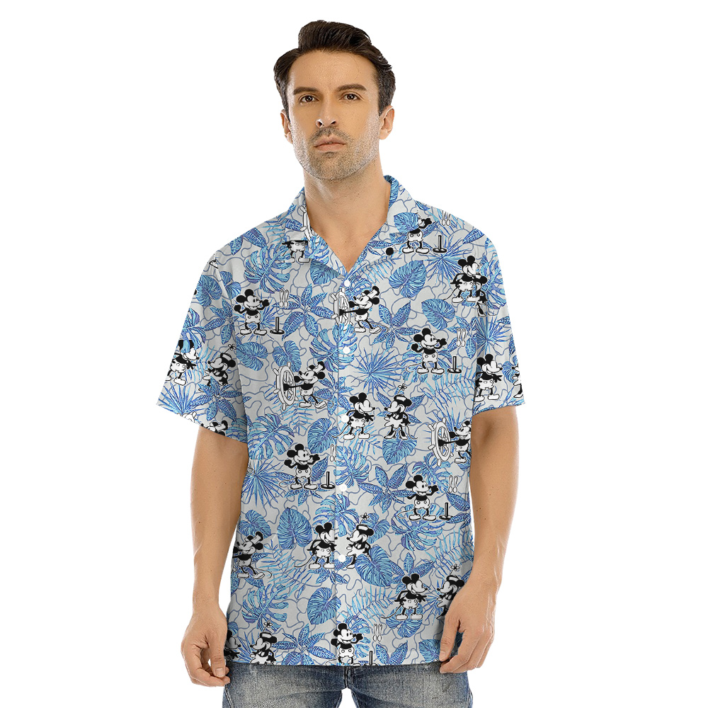 Vintage Steamboat Willie Mickey Blue Tropical Matching Hawaiian Outfits For Family