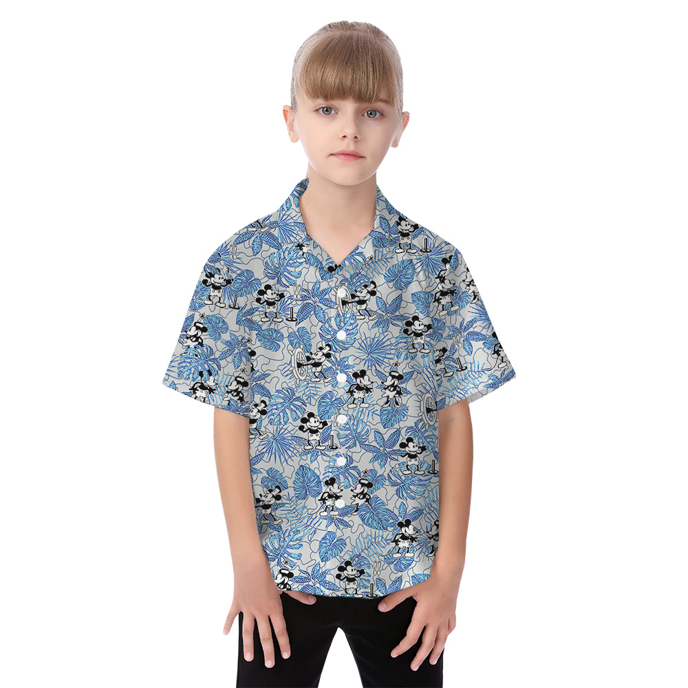 Vintage Steamboat Willie Mickey Blue Tropical Matching Hawaiian Outfits For Family