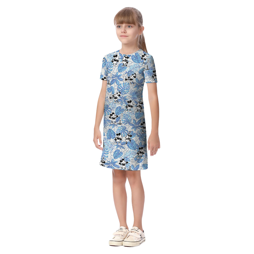 Vintage Steamboat Willie Mickey Blue Tropical Matching Hawaiian Outfits For Family