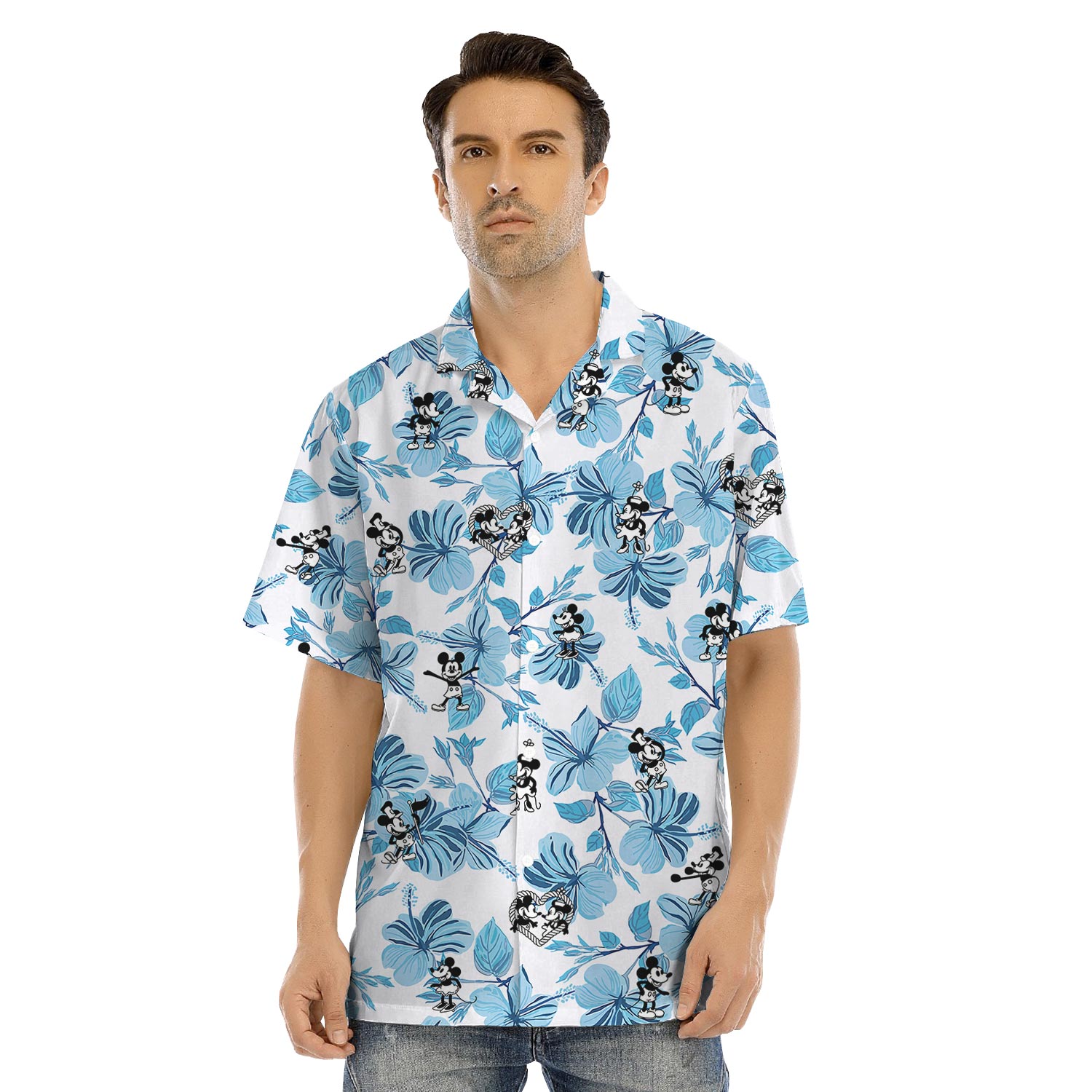 Blue Hibiscus Mickey Minnie Steamboat Willie Hawaiian Outfits Matching