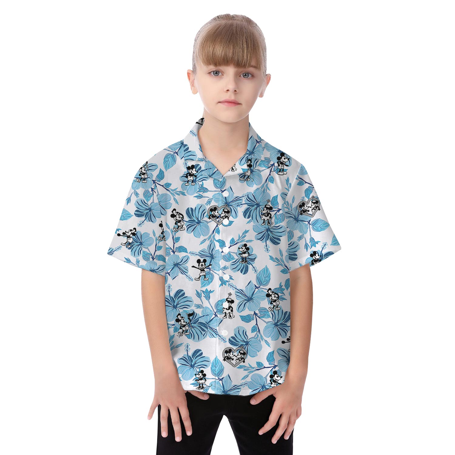 Blue Hibiscus Mickey Minnie Steamboat Willie Hawaiian Outfits Matching