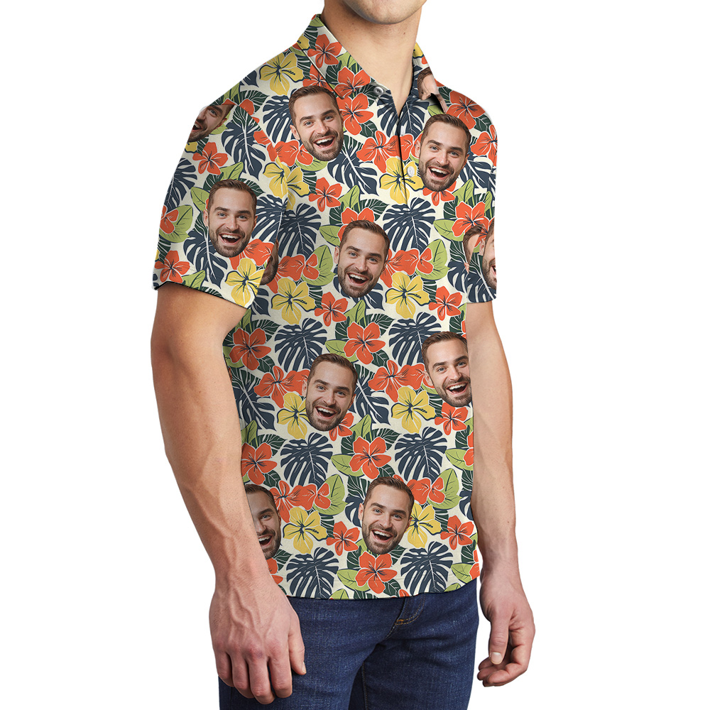 Blooming Birthday Wishes Custom Face Hawaiian Polo Shirt for Men