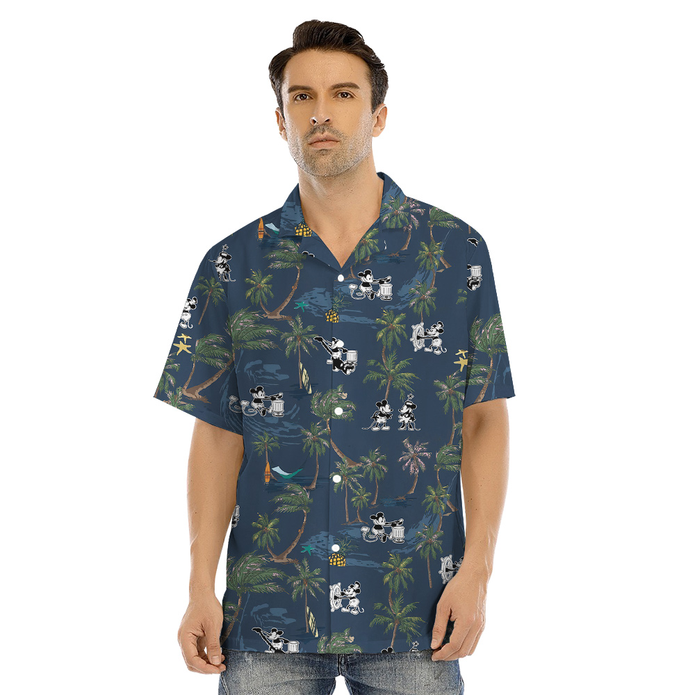 Tropical Palm Tree Steamboat Willie Mickey Navy Family Matching Hawaiian Outfits