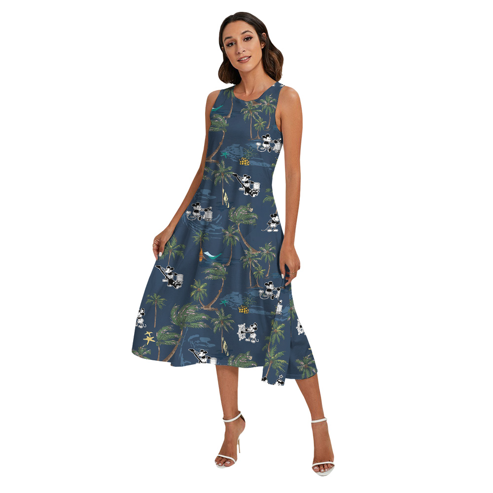 Tropical Palm Tree Steamboat Willie Mickey Navy Family Matching Hawaiian Outfits