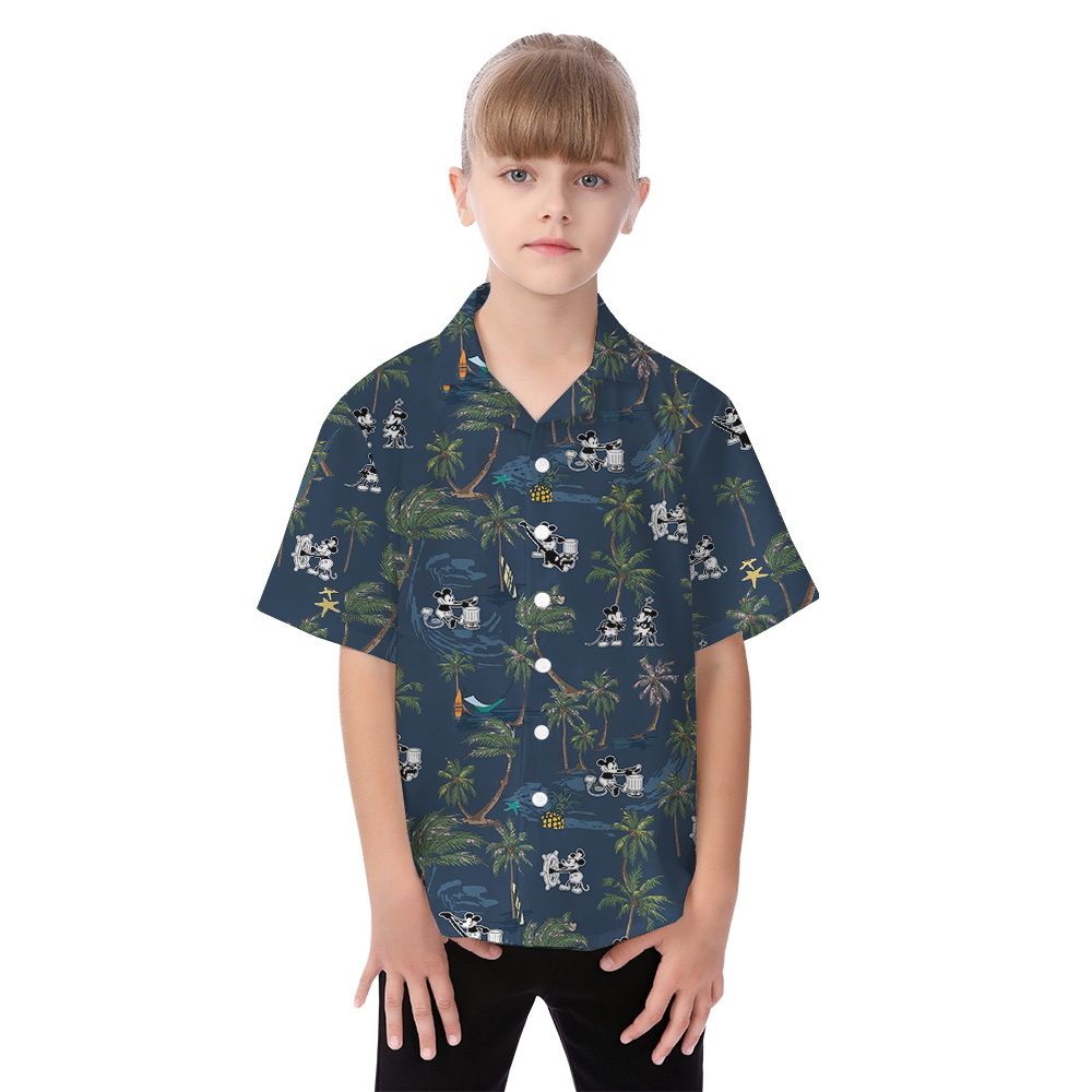 Tropical Palm Tree Steamboat Willie Mickey Navy Family Matching Hawaiian Outfits