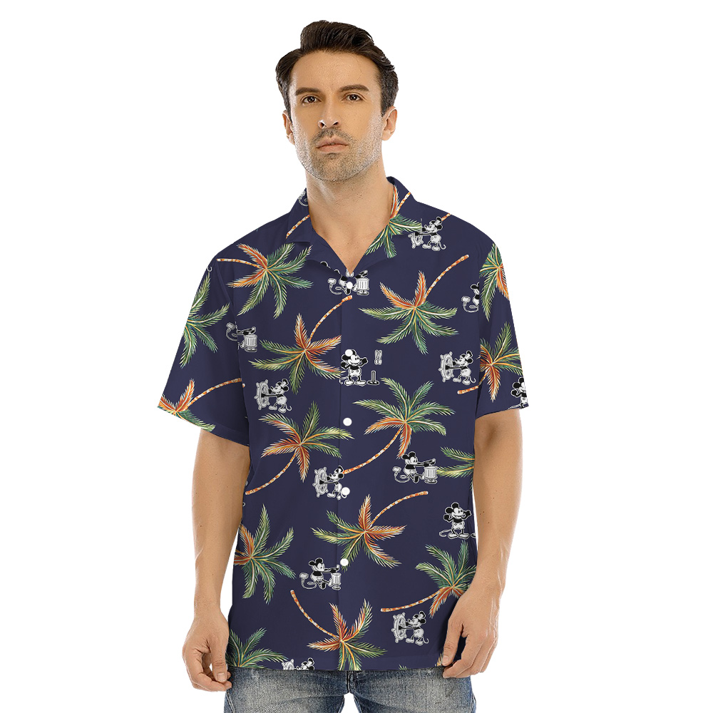 Cute Mickey Steamboat Willie Tropical Palm Tree Matching Hawaiian Outfits For Family