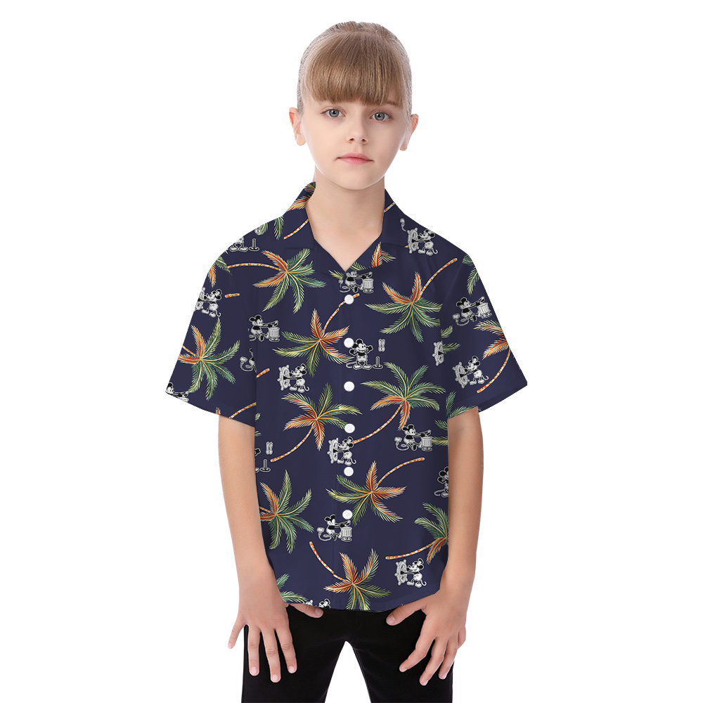 Cute Mickey Steamboat Willie Tropical Palm Tree Matching Hawaiian Outfits For Family