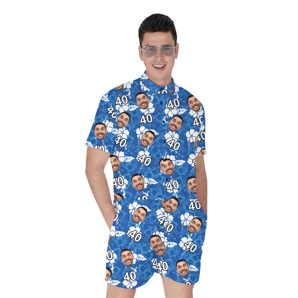 Personalized Birthday Male Romper With Hibiscus Blue - variant image 1