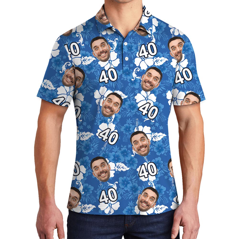 Personalized Blue Hawaiian Polo Shirt With Birthday Photo - variant image 1