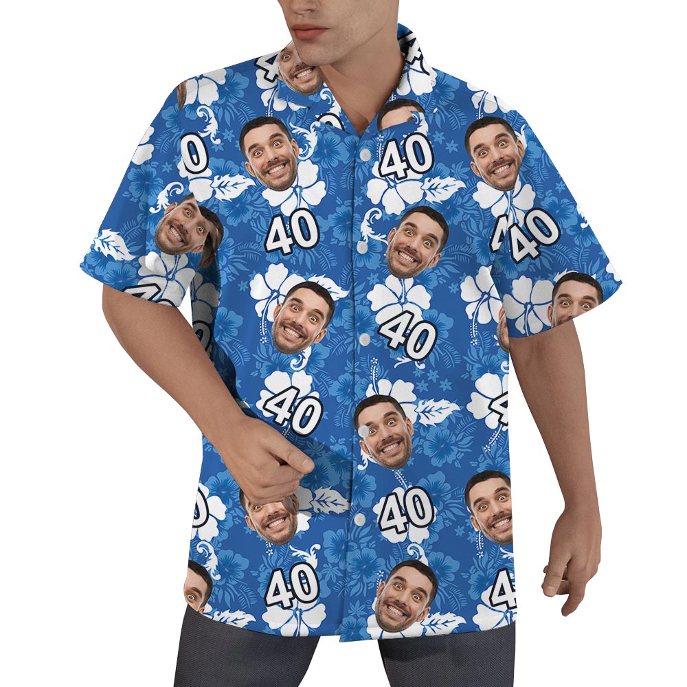 Custom Birthday Photo Blue Floral Shirt For Men - variant image 1