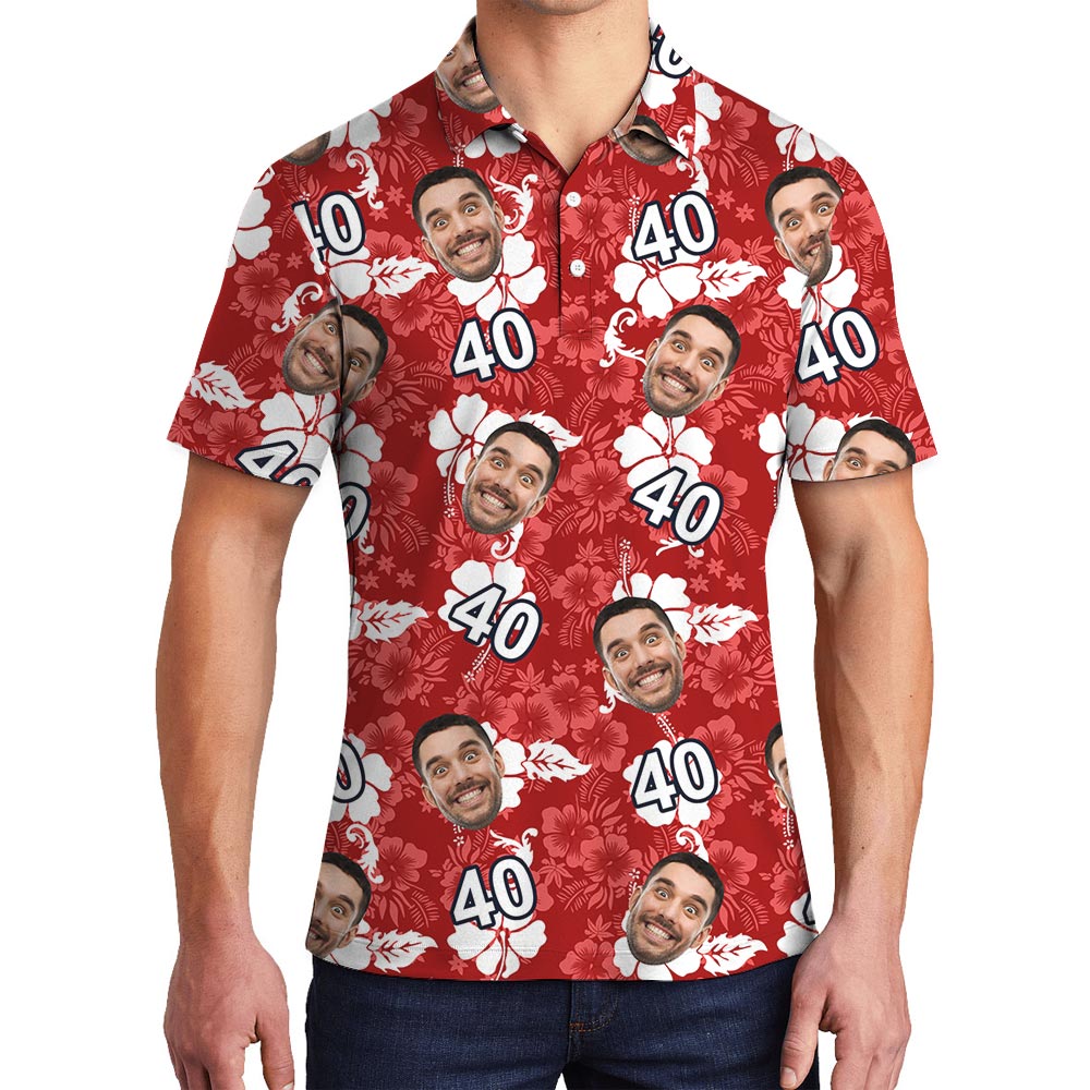 Cool Red Hibiscus Men's Polo With Custom Birthday - variant image 1
