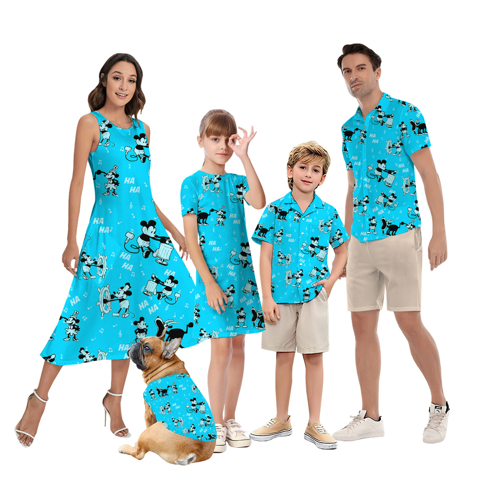 Classic Mickey Steamboat Willie Matching Family Blue Hawaiian Outfits - variant image 1