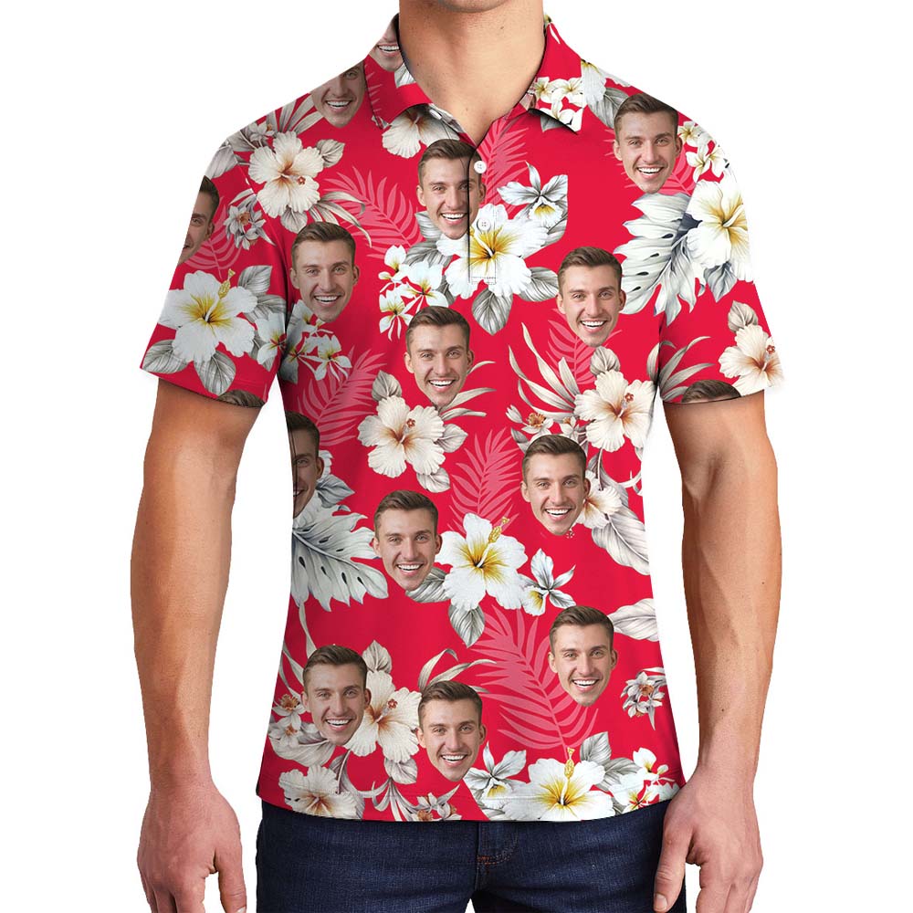 Vintage Custom Face Red Tropical Men's Hawaiian Polos - variant image 1