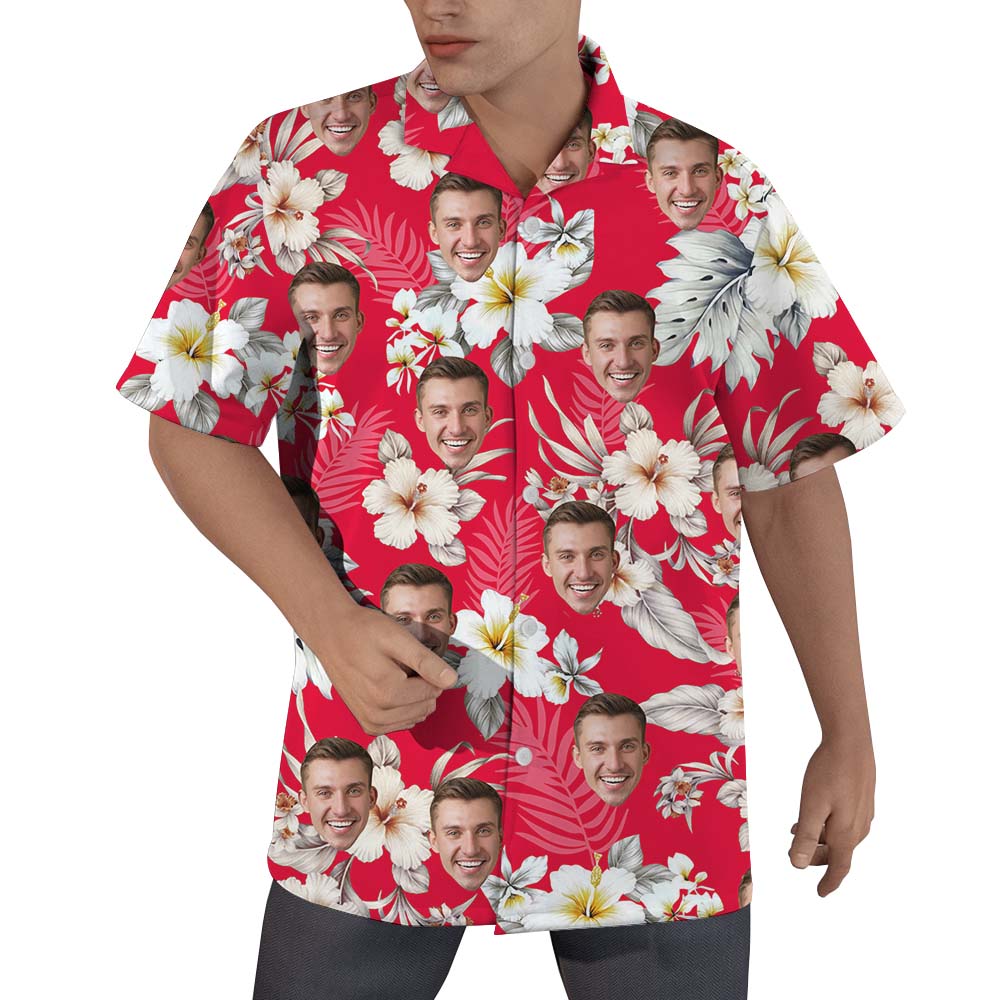 Custom Face Floral Red Hawaiian Shirt For Men - variant image 1