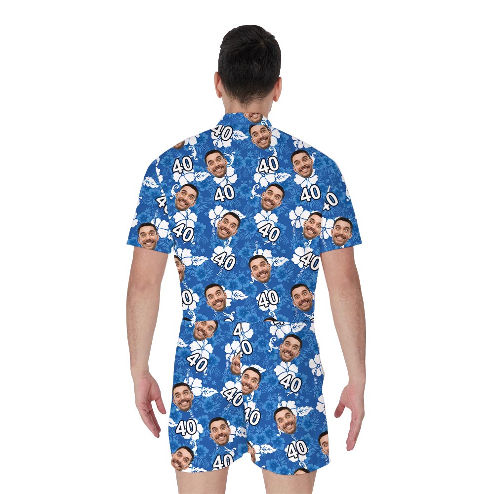 Personalized Birthday Male Romper With Hibiscus Blue