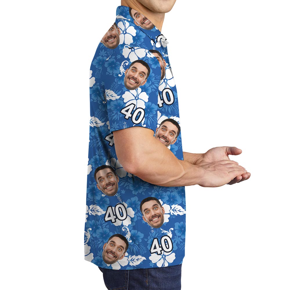 Personalized Blue Hawaiian Polo Shirt With Birthday Photo
