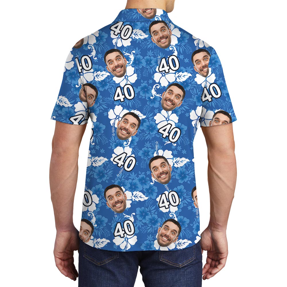 Personalized Blue Hawaiian Polo Shirt With Birthday Photo