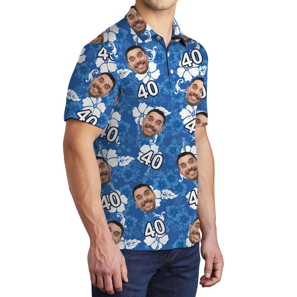 Personalized Blue Hawaiian Polo Shirt With Birthday Photo