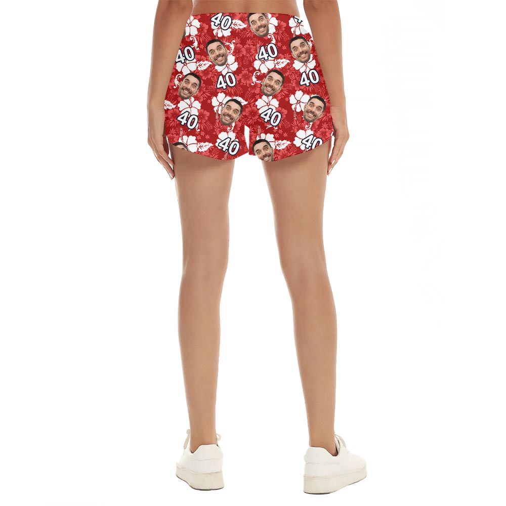 Custom Hibiscus Red Hawaiian Women's Shorts With Birthday Age