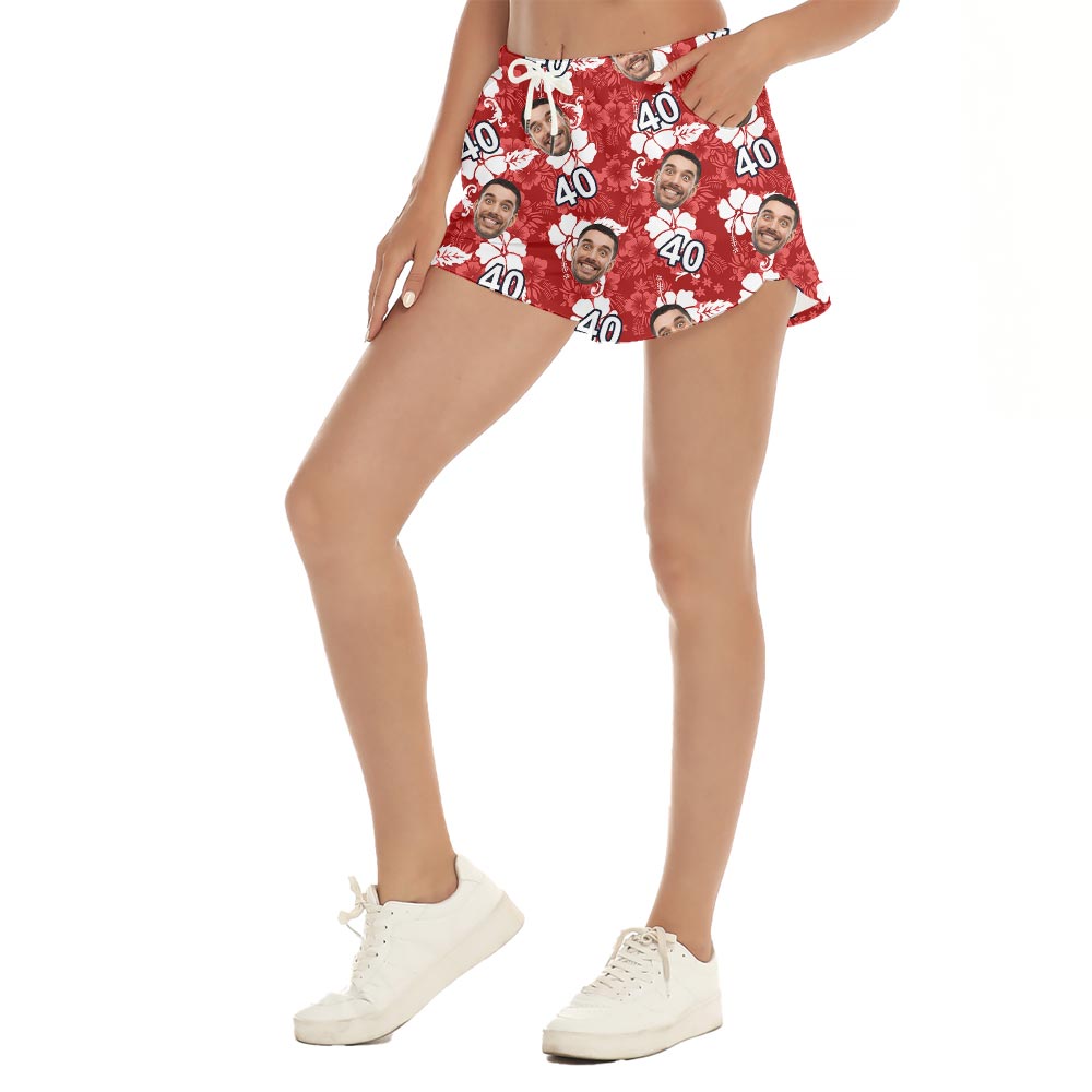 Custom Hibiscus Red Hawaiian Women's Shorts With Birthday Age