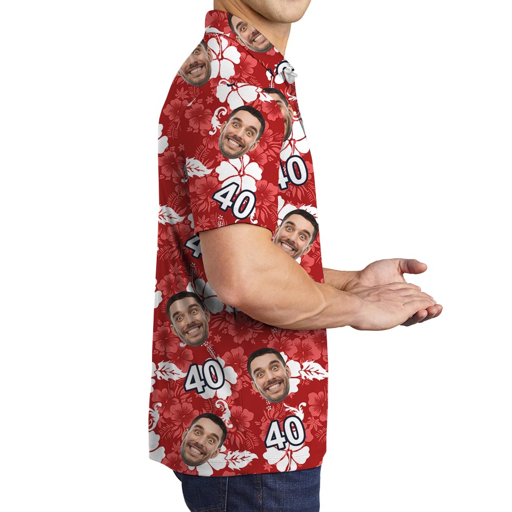Cool Red Hibiscus Men's Polo With Custom Birthday