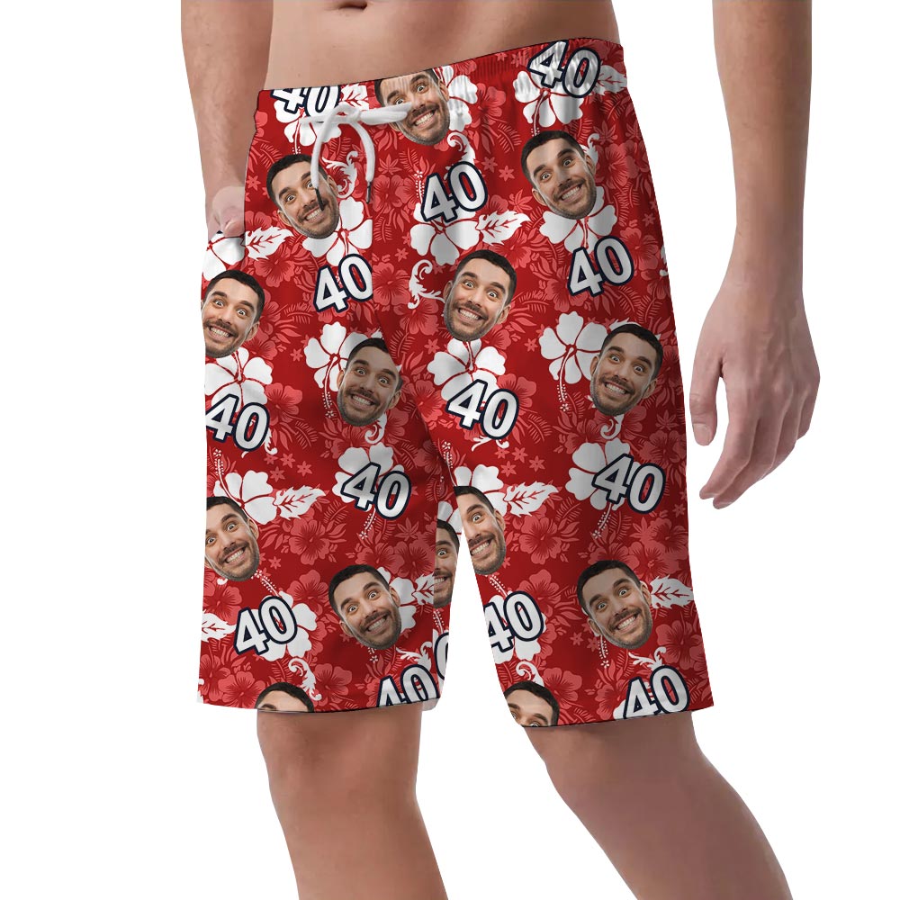 Red Men's Hawaiian Shorts With Custom Face Birthday