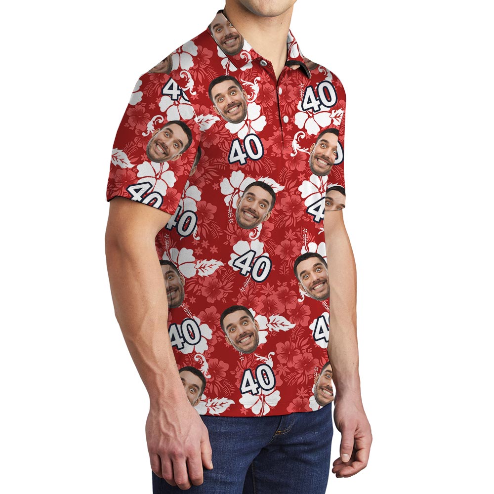 Cool Red Hibiscus Men's Polo With Custom Birthday