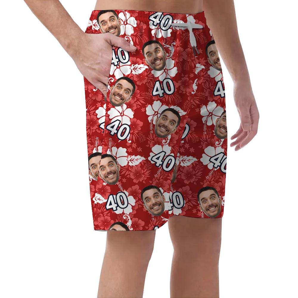Red Men's Hawaiian Shorts With Custom Face Birthday