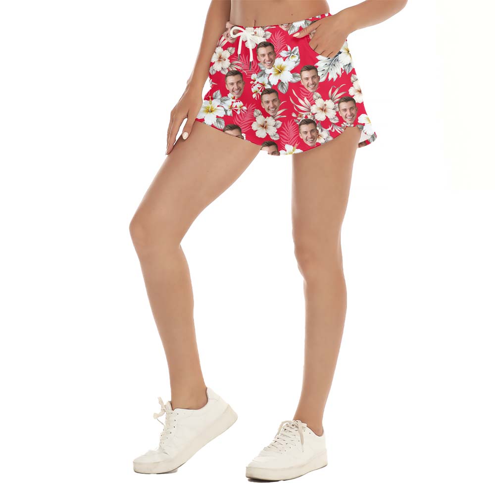 Custom Face Women Beach Shorts Red With Floral Print