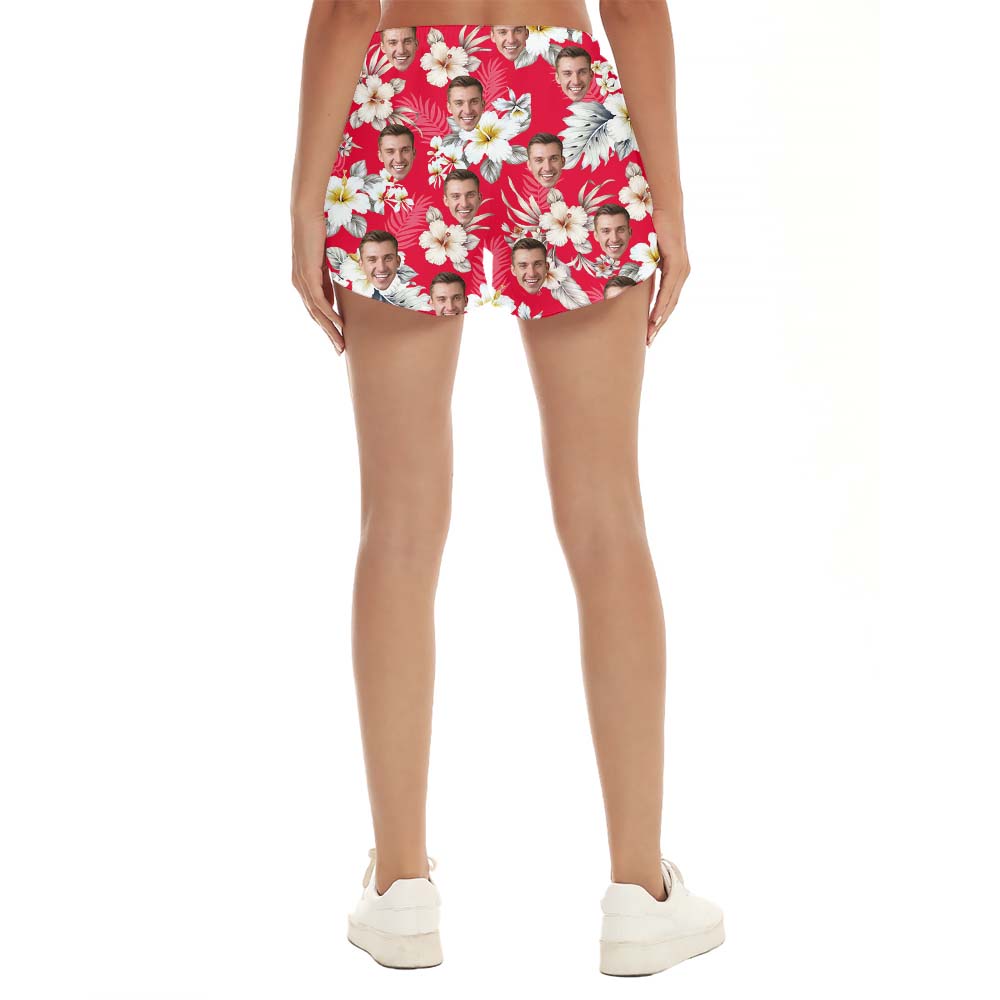 Custom Face Women Beach Shorts Red With Floral Print