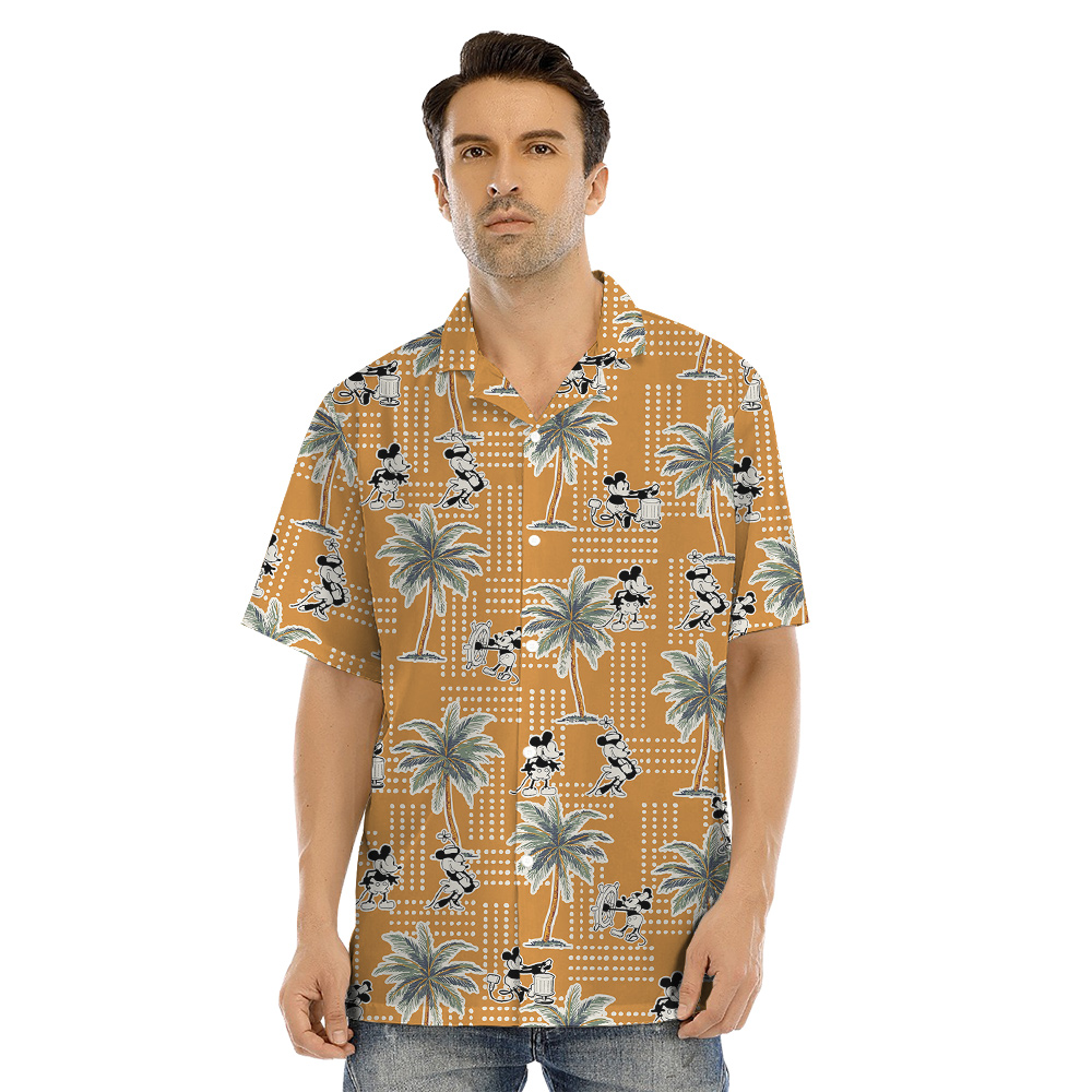 Tropical Vintage Palm Tree Steamboat Willie Mickey Yellow Family Matching Hawaiian Outfits