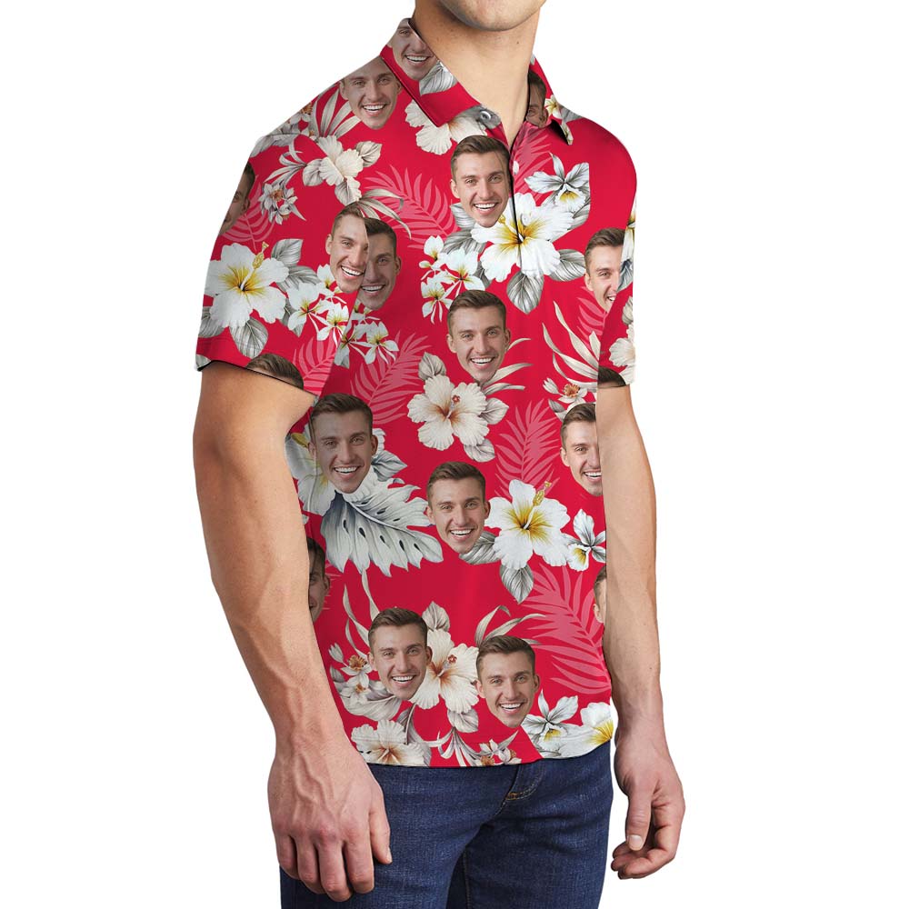 Vintage Custom Face Red Tropical Men's Hawaiian Polos