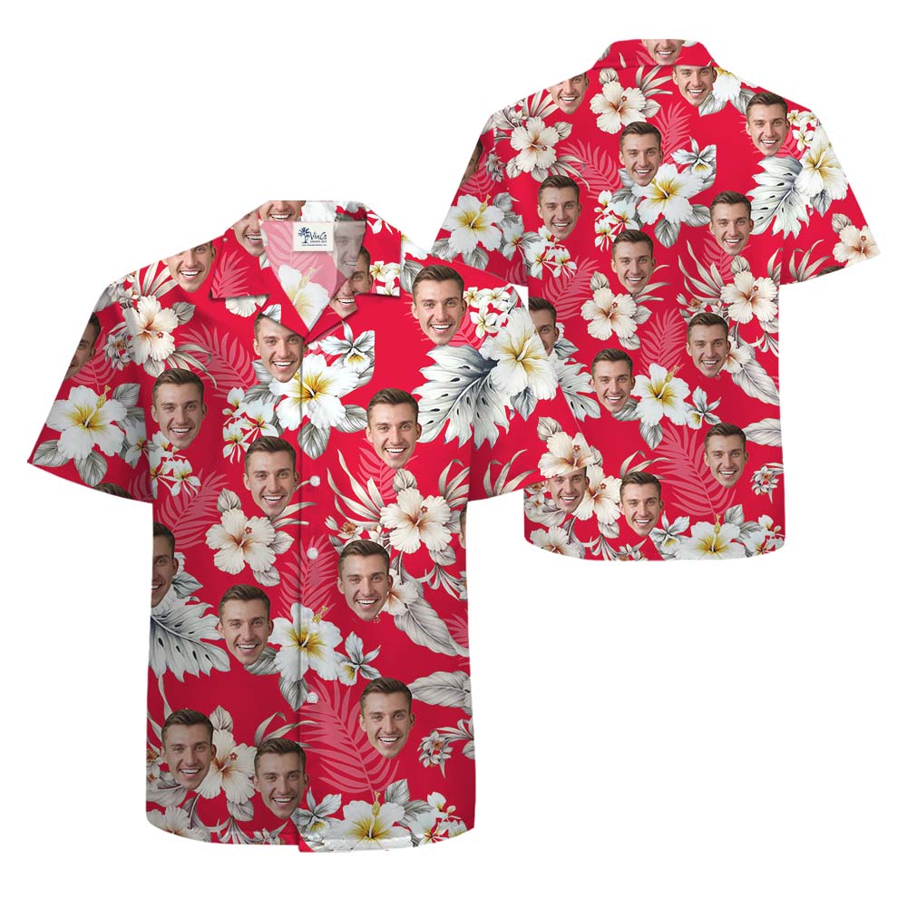 Custom Face Floral Red Hawaiian Shirt For Men