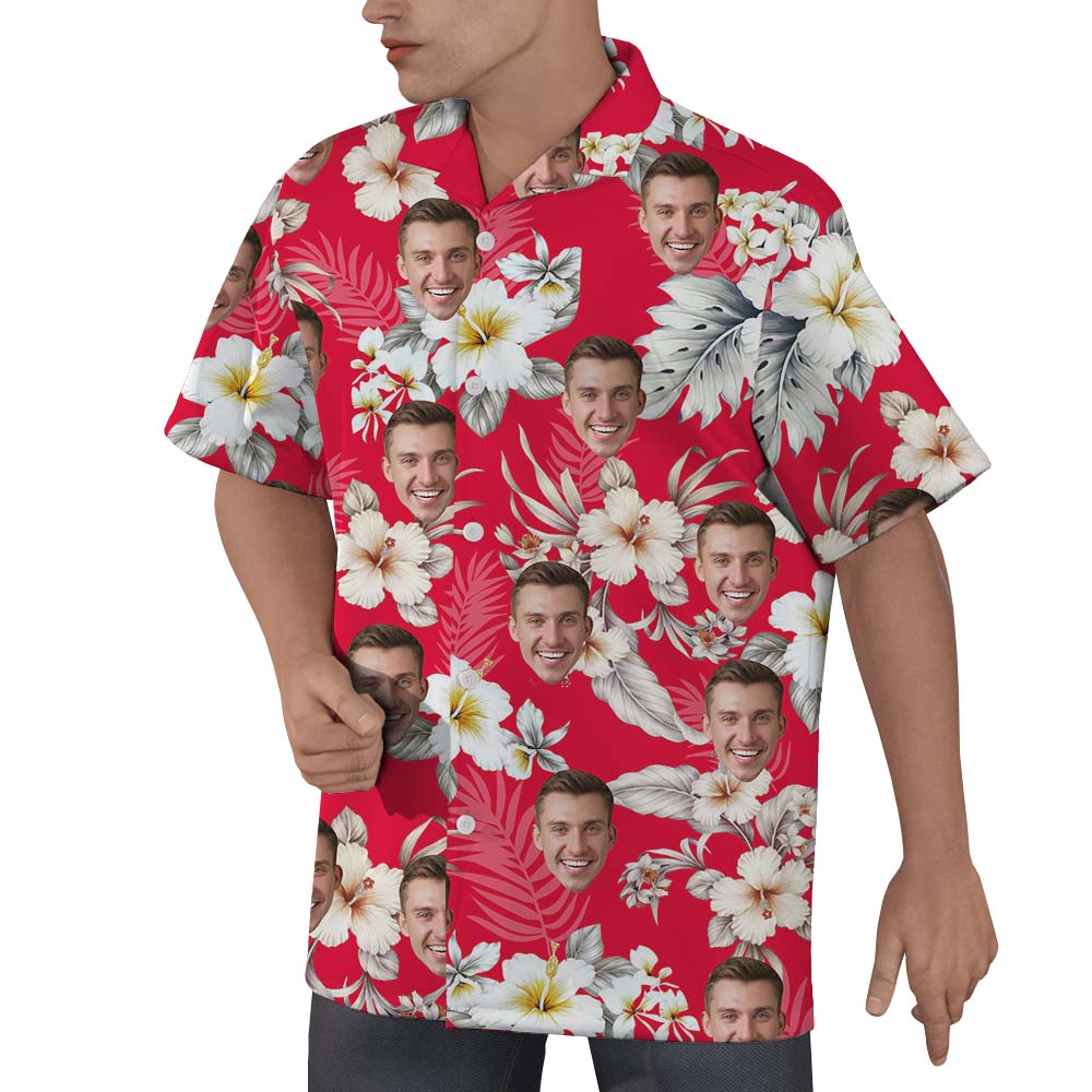 Custom Face Floral Red Hawaiian Shirt For Men