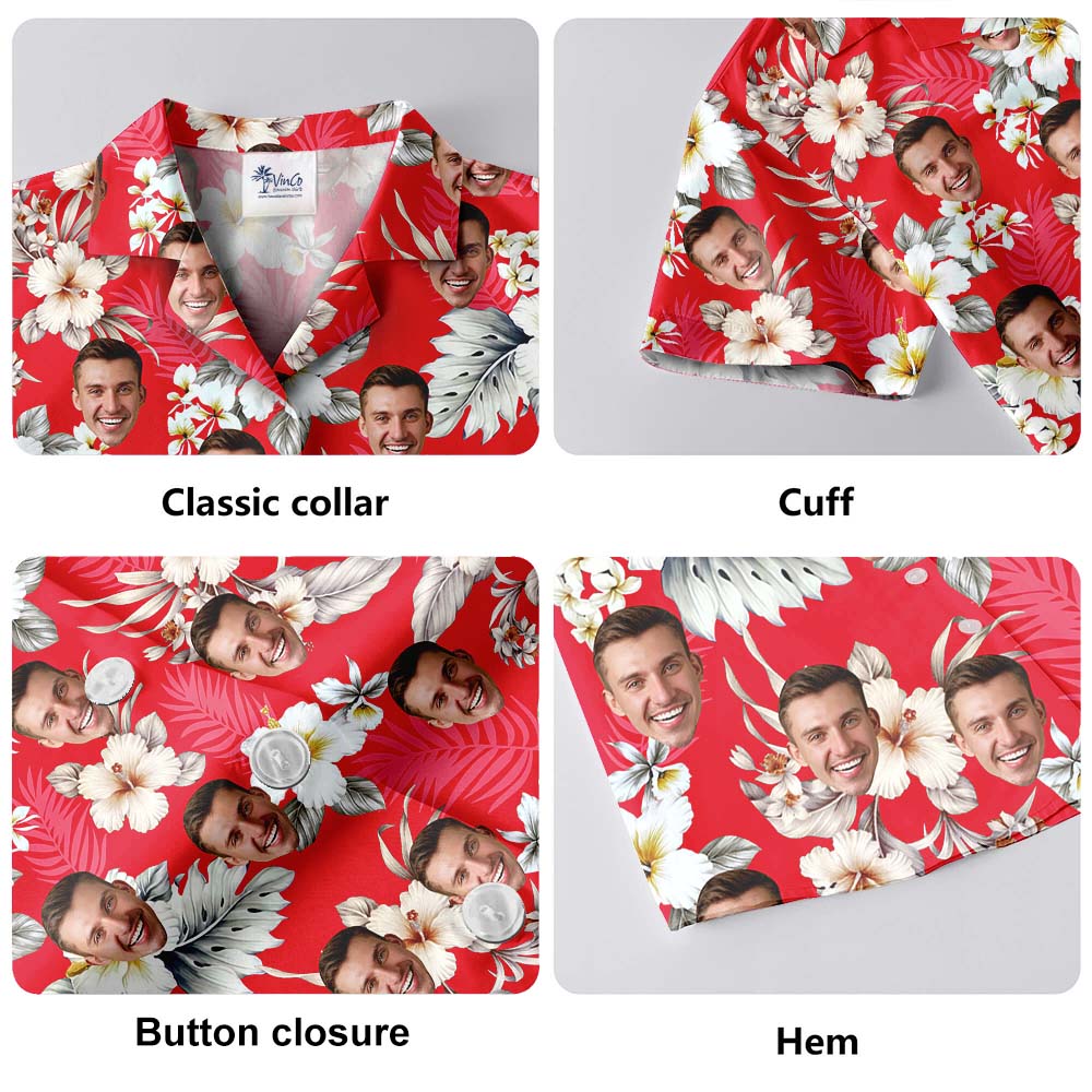 Custom Face Floral Red Hawaiian Shirt For Men