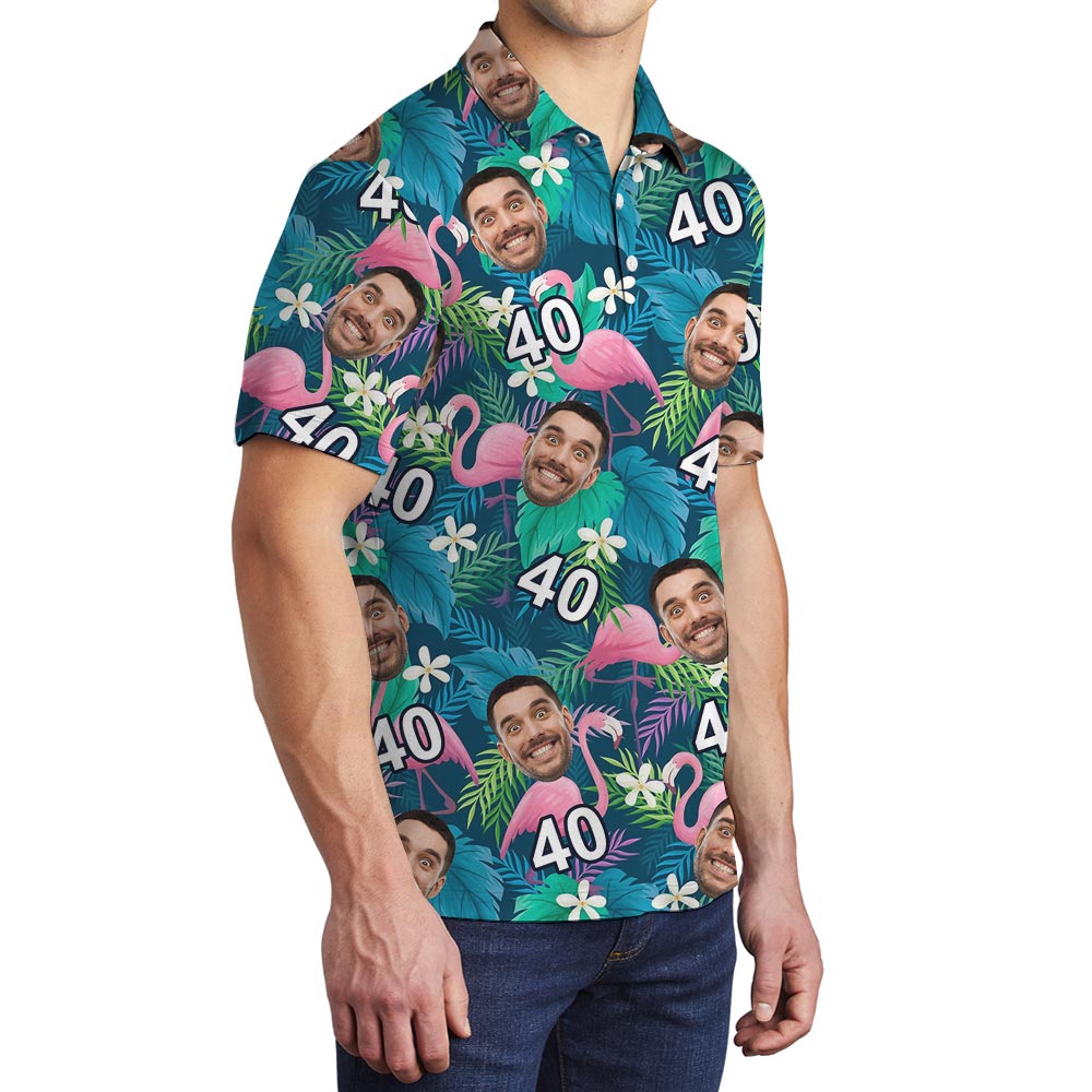 Personalized Flamingo Birthday Men's Hawaiian Polo Shirt