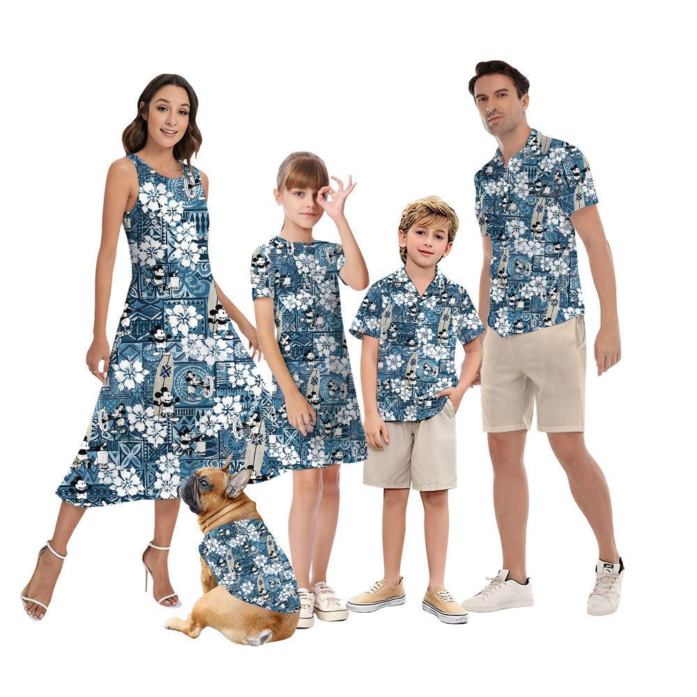 Vintage Hibiscus Steamboat Willie Mickey Blue Aloha Matching Family Outfits - variant image 1
