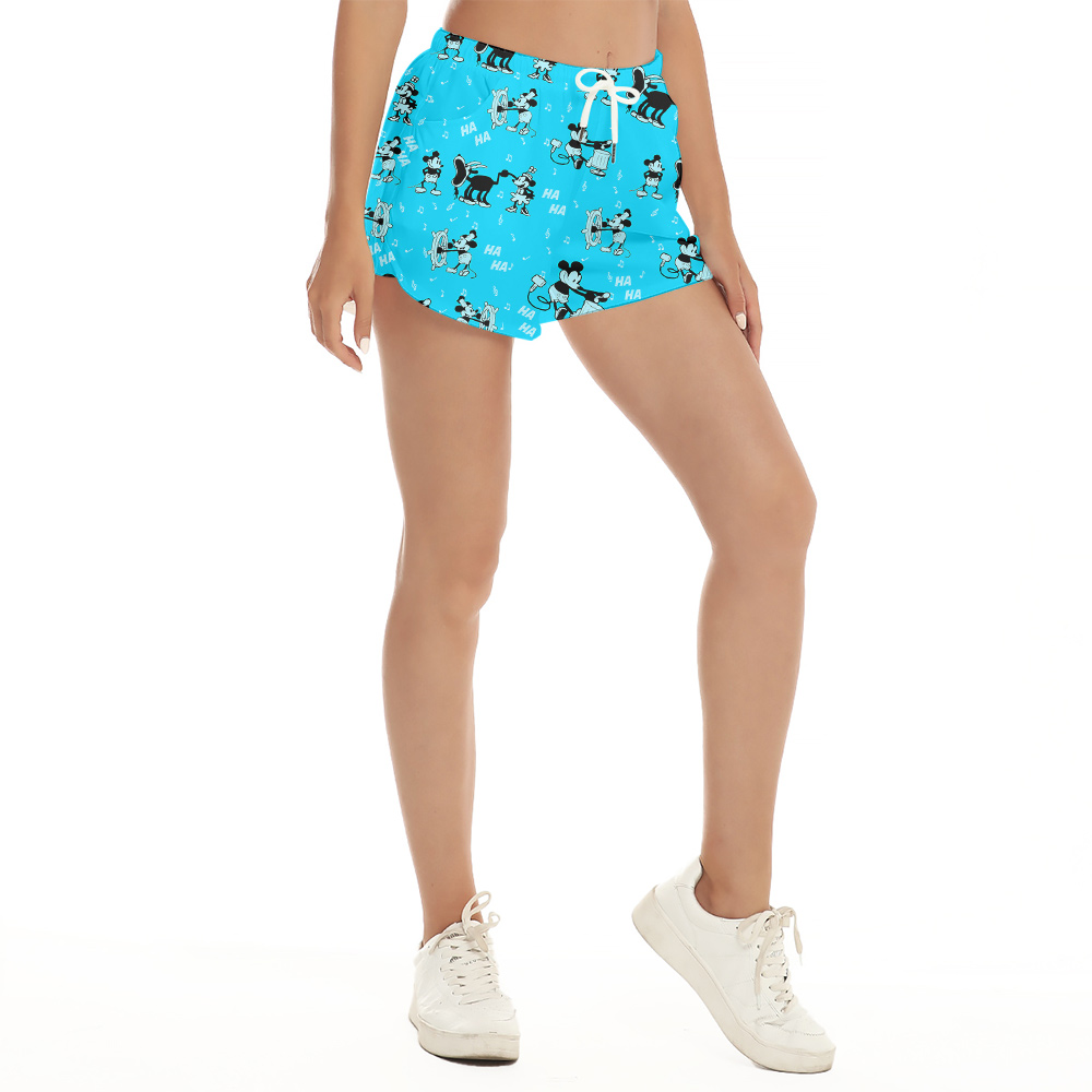 Vintage Steamboat Willie Mickey Blue Hawaiian Beach Shorts For Women