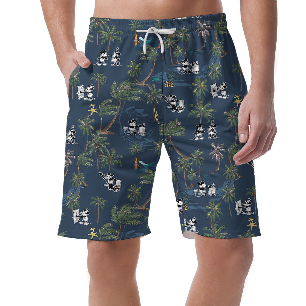 Steamboat Willie Mickey Tropical Palm Trees Navy Hawaiian Beach Shorts - variant image 1