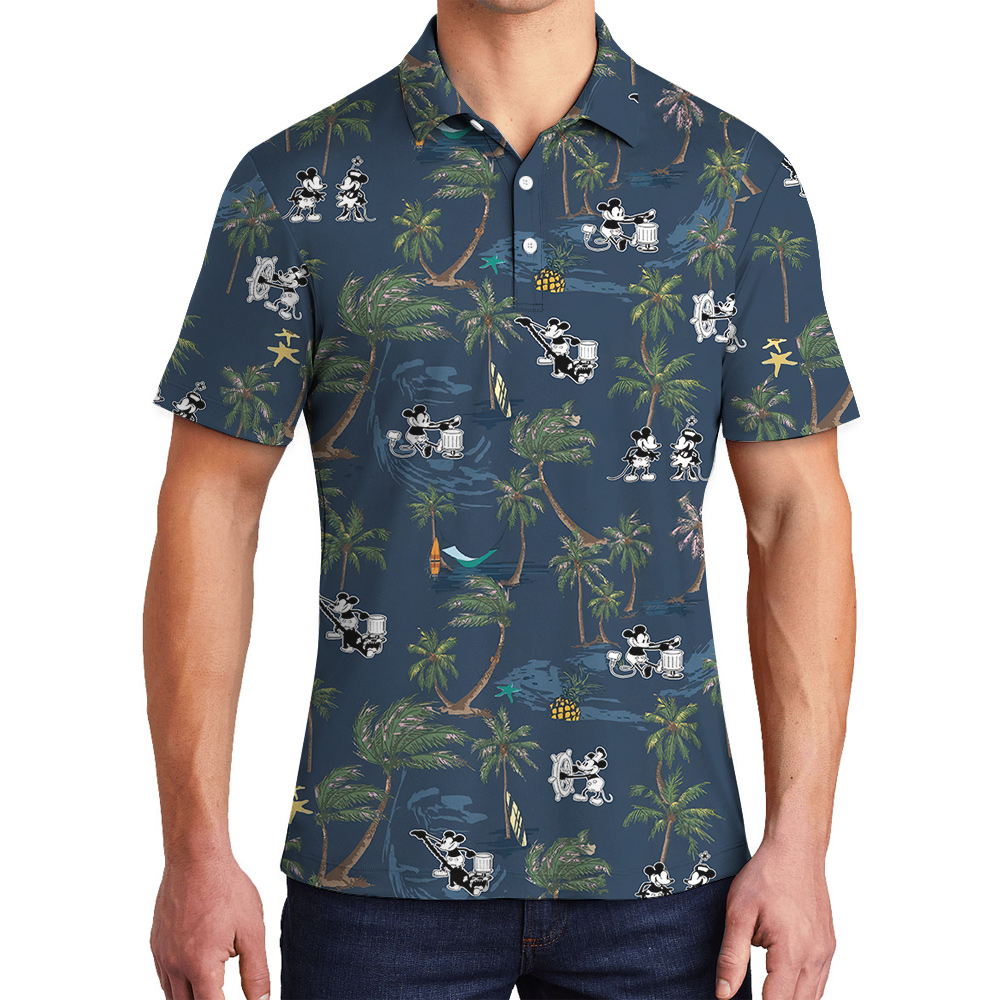 Cute Mickey Steamboat Willie Tropical Palm Trees Navy Hawaiian Polo Shirt - variant image 1