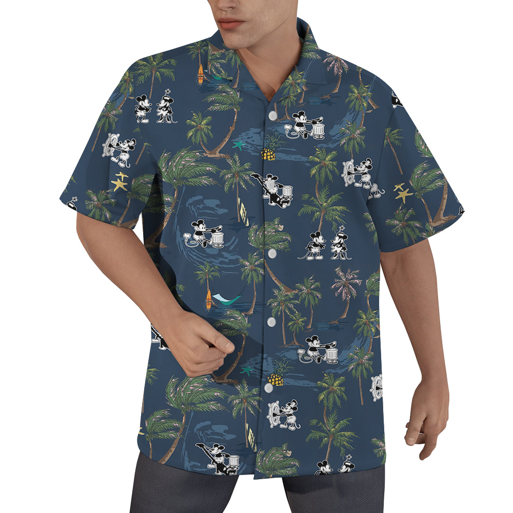 Tropical Palm Trees Steamboat Willie Mickey Navy Hawaiian Button Up Shirt - variant image 1