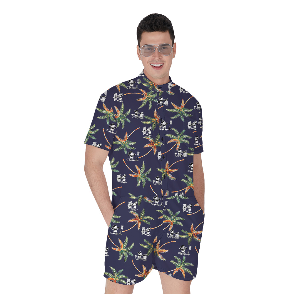 Tropical Palm Tree Steamboat Willie Mickey Navy Hawaiian Romper For Men - variant image 1